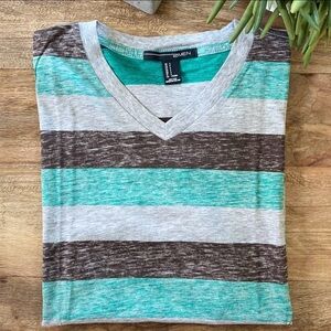 21MEN V-Neck Green & Grey Striped Tee Shirt